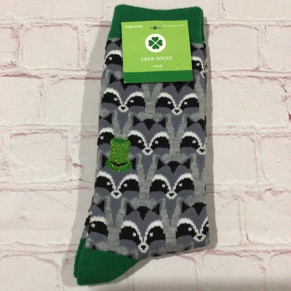 Other - St. Patrick’s Day Raccoon Sparkly Leprechaun Hat Crew Socks - NWT